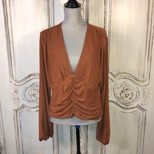 Talent Sexy Sheer Netting Long Sleeve Deep V Neck Empire Styling Camisole Top